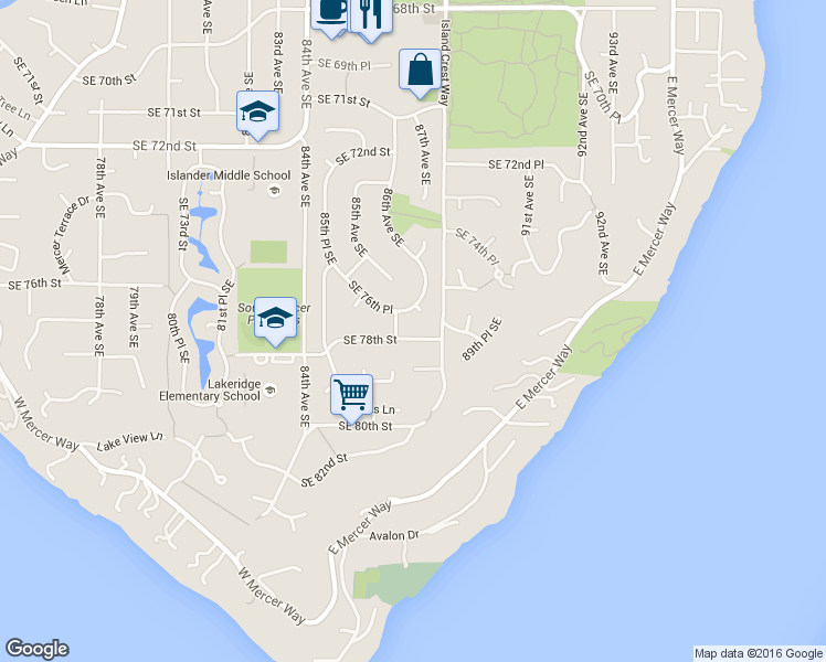 map of restaurants, bars, coffee shops, grocery stores, and more near 8612 Southeast 78th Street in Mercer Island