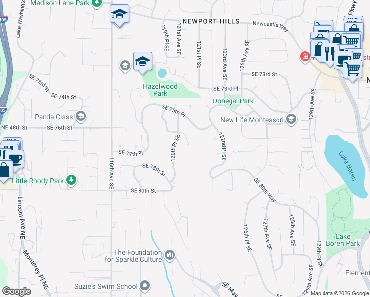 map of restaurants, bars, coffee shops, grocery stores, and more near 12045 Southeast 76th Street in Newcastle