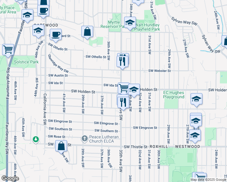 map of restaurants, bars, coffee shops, grocery stores, and more near 3516 Southwest Holden Street in Seattle