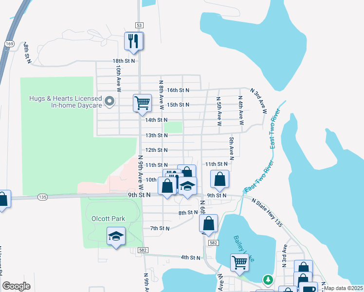 map of restaurants, bars, coffee shops, grocery stores, and more near 701 12th Street North in Virginia