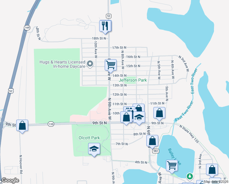 map of restaurants, bars, coffee shops, grocery stores, and more near 821 12th St N in Virginia