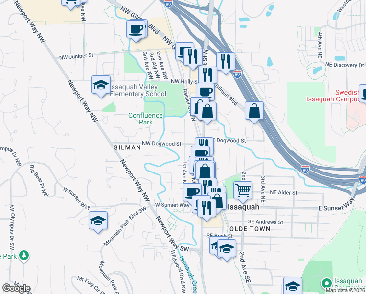 map of restaurants, bars, coffee shops, grocery stores, and more near 365 1st Avenue Northwest in Issaquah