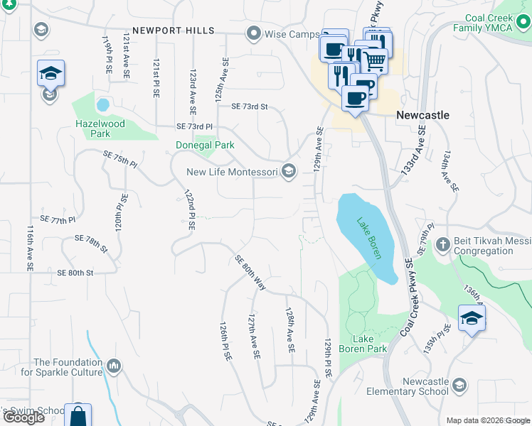 map of restaurants, bars, coffee shops, grocery stores, and more near 7668 126th Avenue Southeast in Newcastle