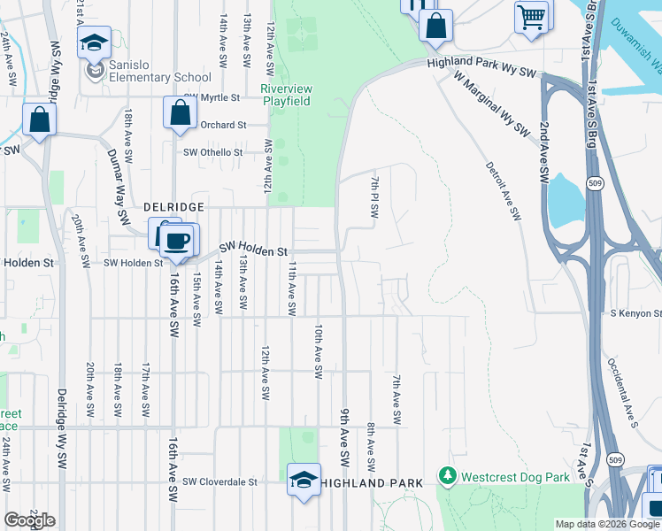 map of restaurants, bars, coffee shops, grocery stores, and more near 906 Southwest Portland Street in Seattle