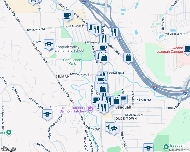 map of restaurants, bars, coffee shops, grocery stores, and more near 75 Northwest Dogwood Street in Issaquah