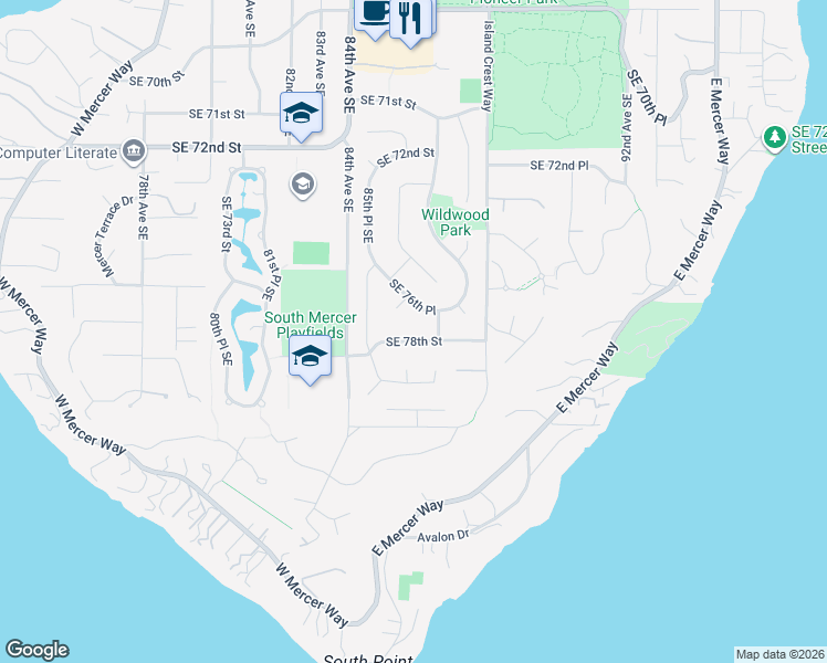 map of restaurants, bars, coffee shops, grocery stores, and more near 8518 Southeast 78th Street in Mercer Island