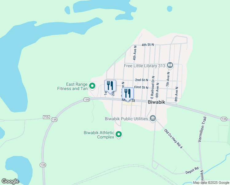 map of restaurants, bars, coffee shops, grocery stores, and more near 101 2nd Avenue North in Biwabik