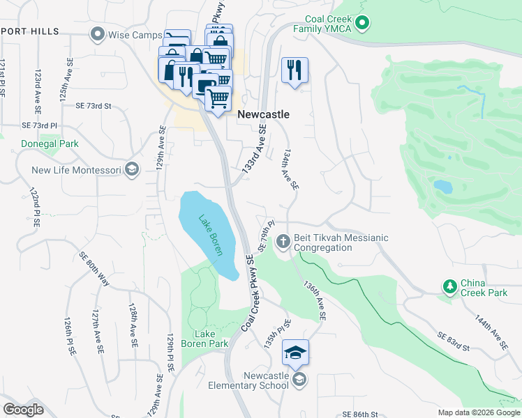 map of restaurants, bars, coffee shops, grocery stores, and more near 13325 Southeast 77th Court in Newcastle