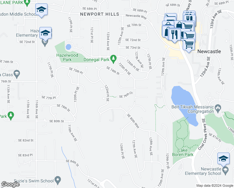 map of restaurants, bars, coffee shops, grocery stores, and more near 12532 Southeast 76th Court in Newcastle