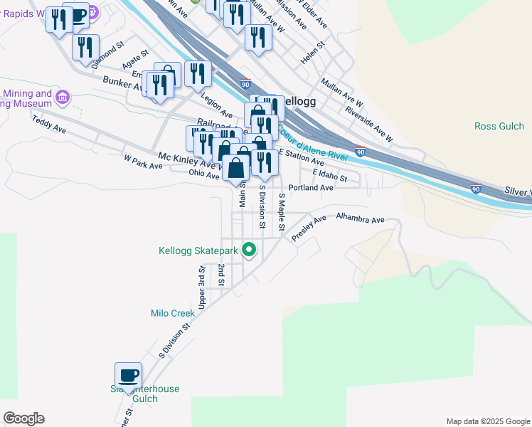 map of restaurants, bars, coffee shops, grocery stores, and more near 401 South Division Street in Kellogg