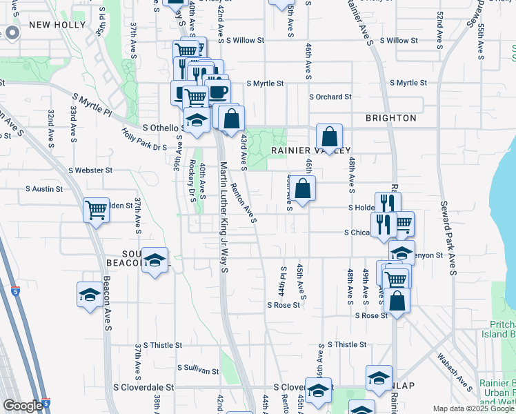 map of restaurants, bars, coffee shops, grocery stores, and more near 7558 43rd Avenue South in Seattle