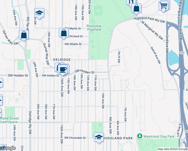 map of restaurants, bars, coffee shops, grocery stores, and more near 1022 Southwest Portland Street in Seattle