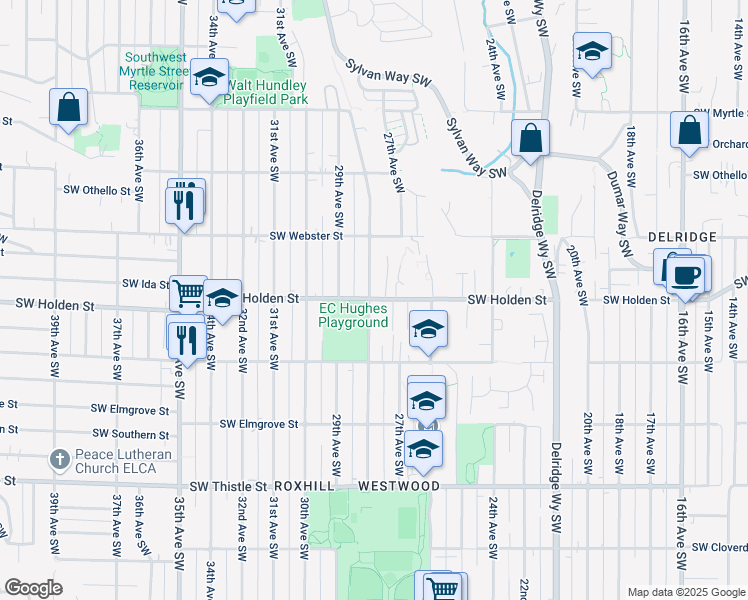 map of restaurants, bars, coffee shops, grocery stores, and more near 7702 28th Avenue Southwest in Seattle