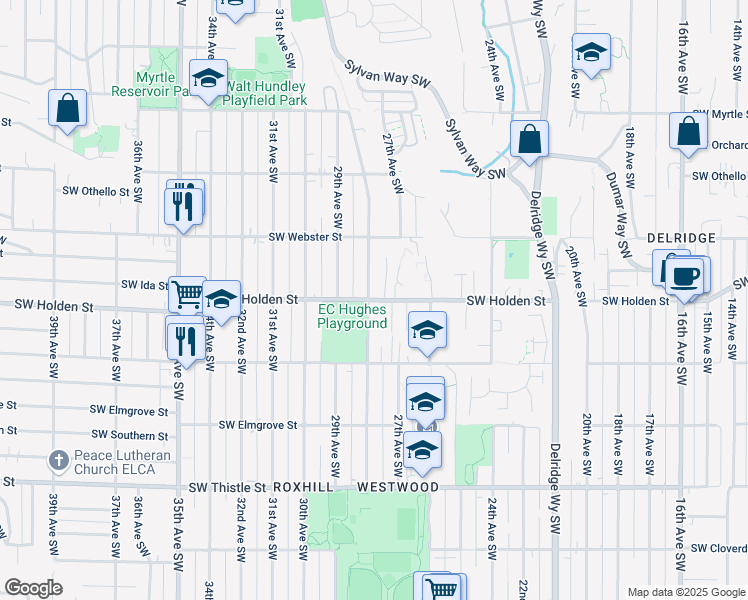 map of restaurants, bars, coffee shops, grocery stores, and more near 7702 28th Avenue Southwest in Seattle
