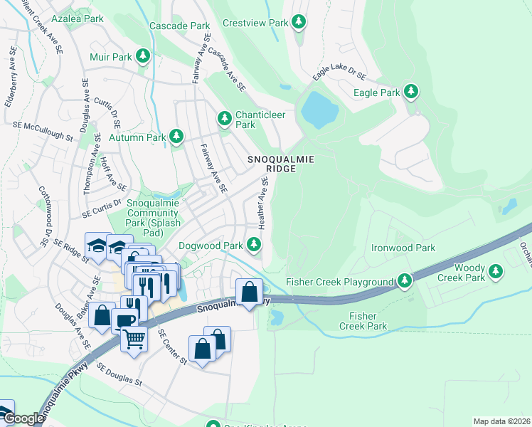 map of restaurants, bars, coffee shops, grocery stores, and more near 7428 Heather Avenue Southeast in Snoqualmie
