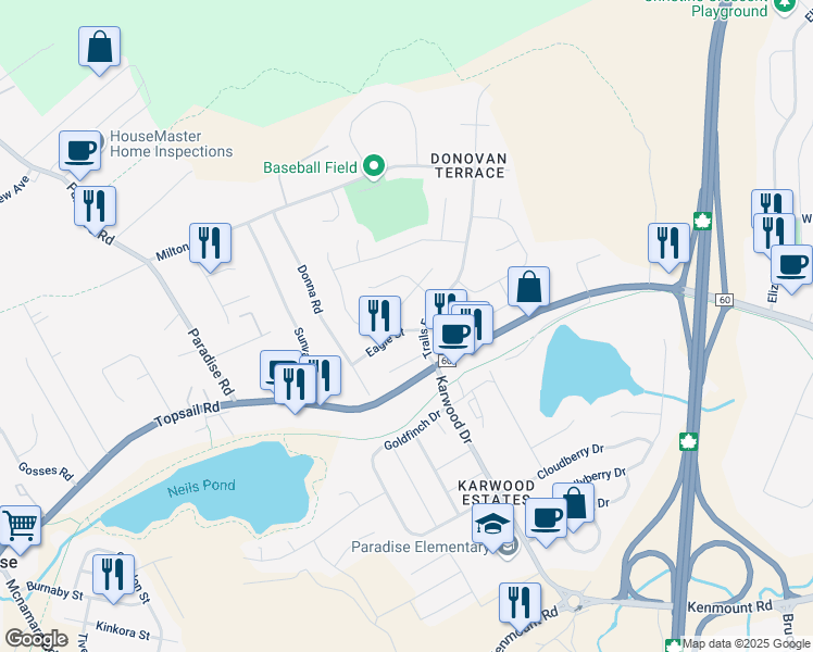 map of restaurants, bars, coffee shops, grocery stores, and more near 6 Eagle Street in Paradise
