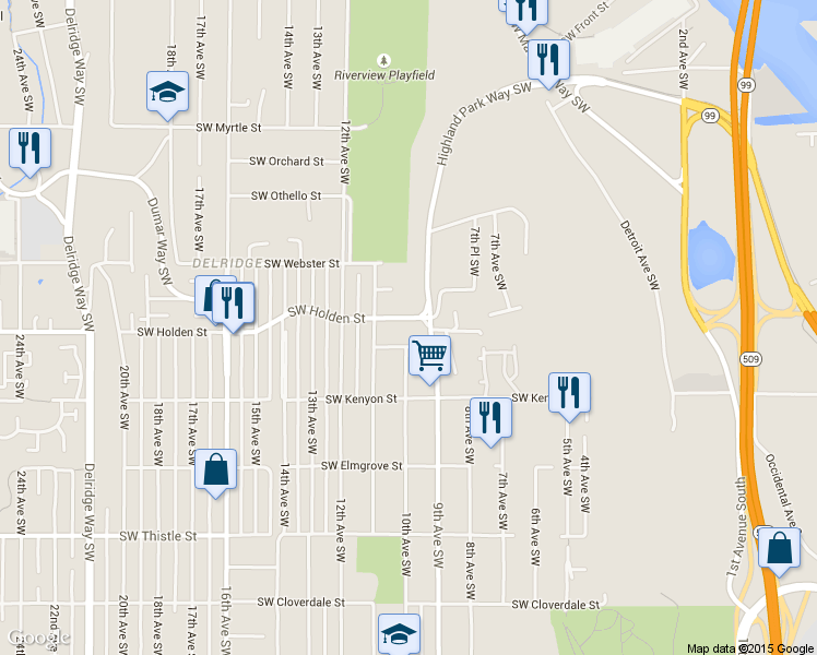 map of restaurants, bars, coffee shops, grocery stores, and more near 906 Southwest Portland Street in Seattle