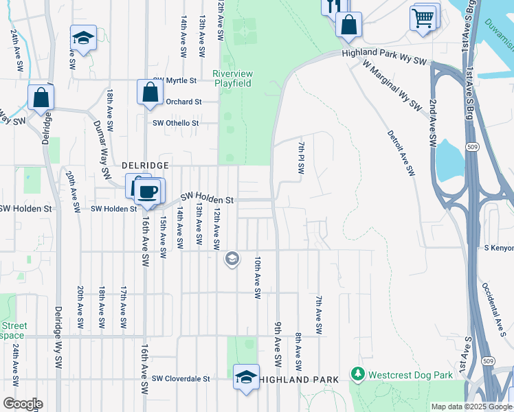 map of restaurants, bars, coffee shops, grocery stores, and more near 906 Southwest Portland Street in Seattle