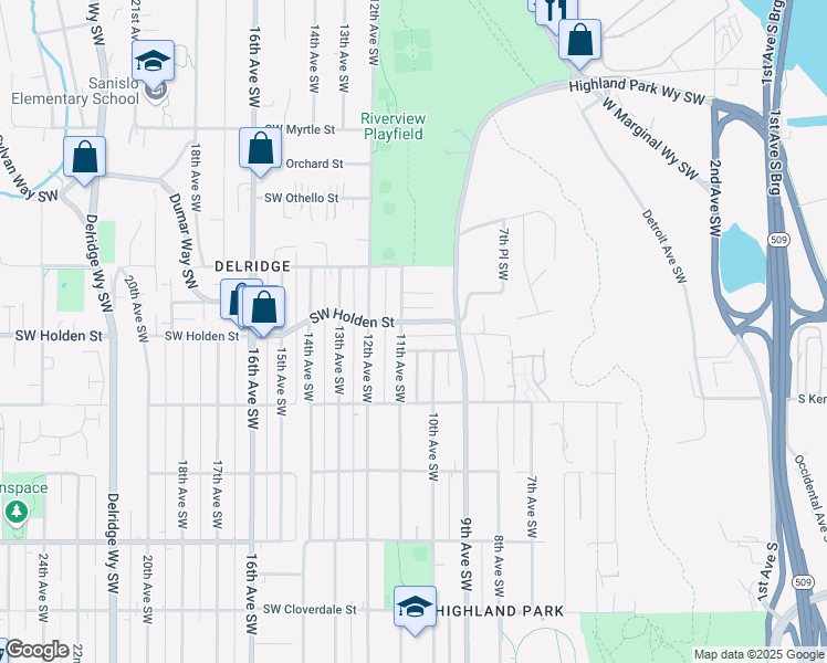 map of restaurants, bars, coffee shops, grocery stores, and more near 1022 Southwest Portland Street in Seattle