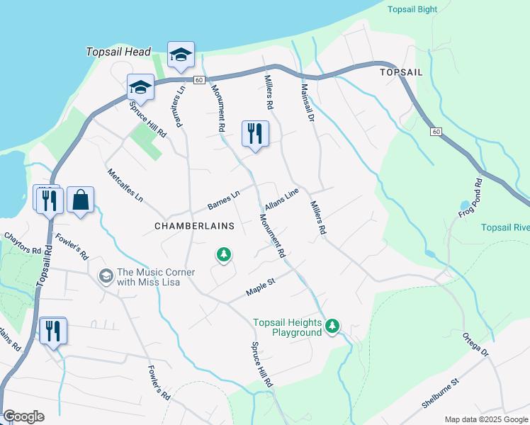 map of restaurants, bars, coffee shops, grocery stores, and more near 25 Allans Line in Conception Bay South