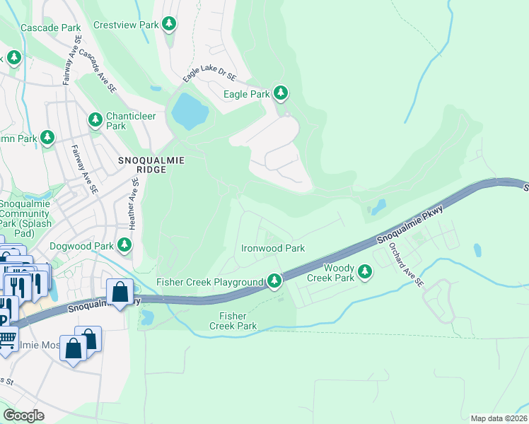 map of restaurants, bars, coffee shops, grocery stores, and more near 7424 Pinnacle Place Southeast in Snoqualmie