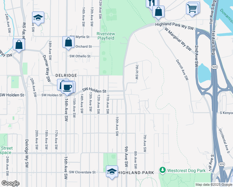 map of restaurants, bars, coffee shops, grocery stores, and more near 906 Southwest Portland Street in Seattle