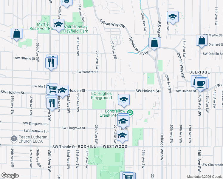 map of restaurants, bars, coffee shops, grocery stores, and more near 2629 Southwest Holden Street in Seattle