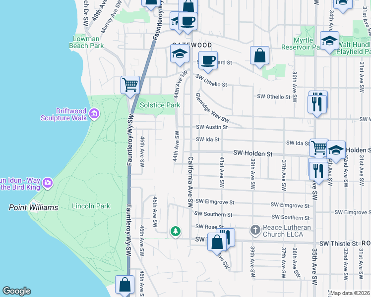 map of restaurants, bars, coffee shops, grocery stores, and more near 4309 Southwest Holden Street in Seattle