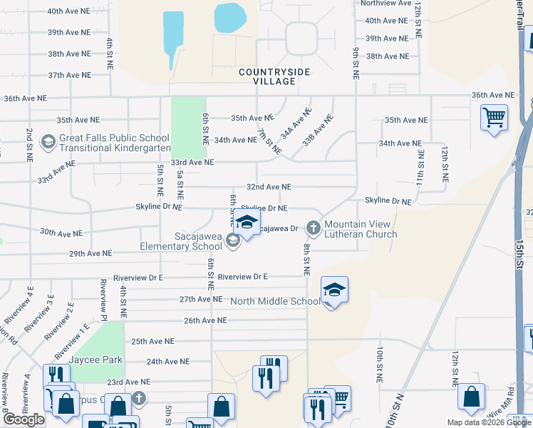 map of restaurants, bars, coffee shops, grocery stores, and more near 655 Sacajawea Dr in Great Falls