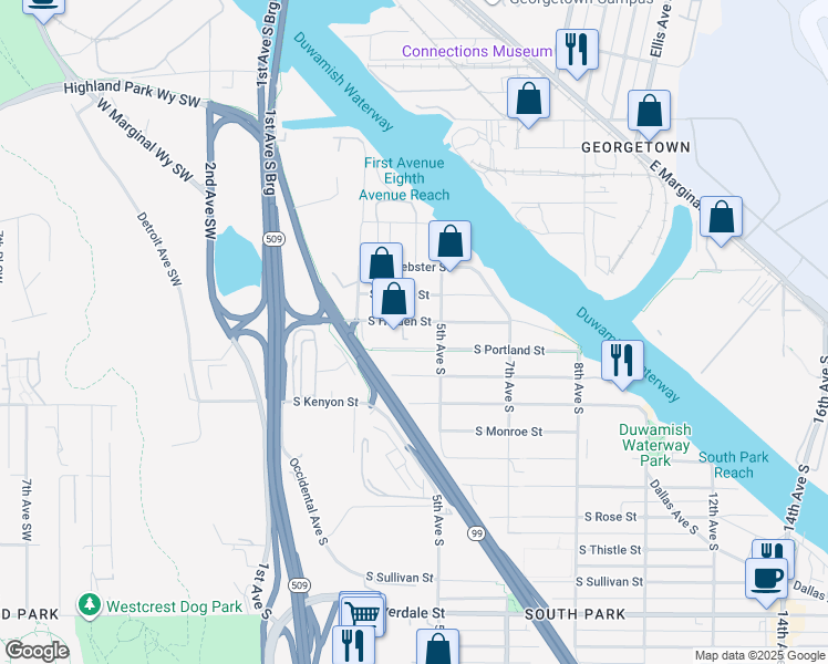 map of restaurants, bars, coffee shops, grocery stores, and more near 200-498 S Portland St in Seattle