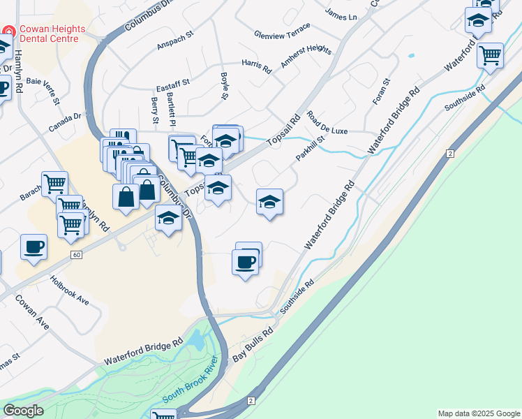 map of restaurants, bars, coffee shops, grocery stores, and more near 39 Hazelwood Crescent in St. John's