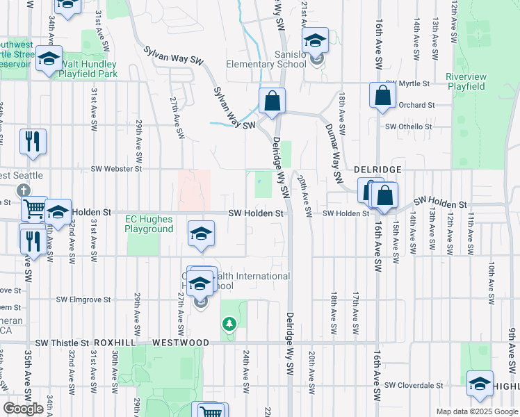 map of restaurants, bars, coffee shops, grocery stores, and more near 2140 Southwest Holden Street in Seattle