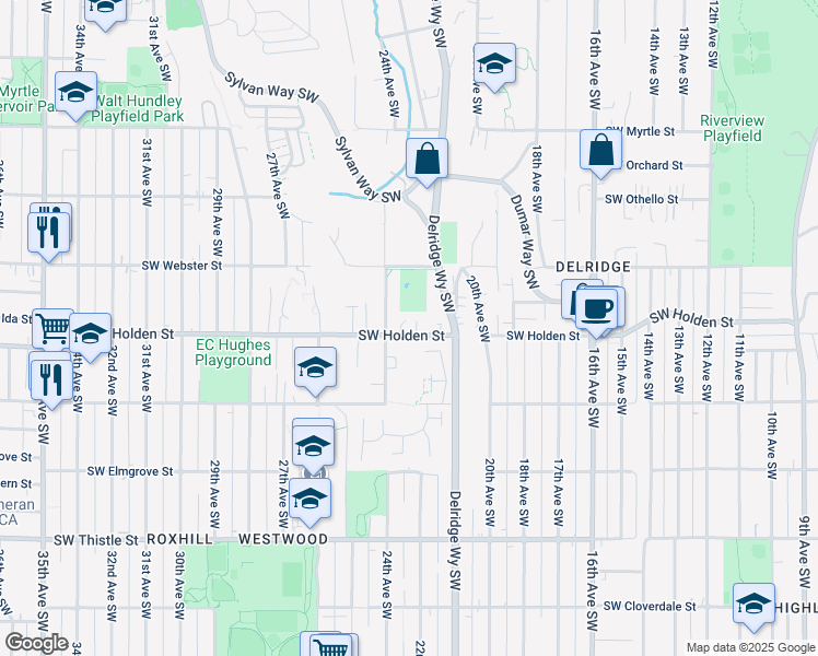 map of restaurants, bars, coffee shops, grocery stores, and more near 2140 Southwest Holden Street in Seattle