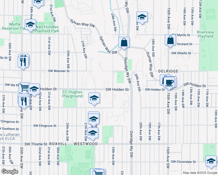 map of restaurants, bars, coffee shops, grocery stores, and more near 2427 Southwest Holden Street in Seattle