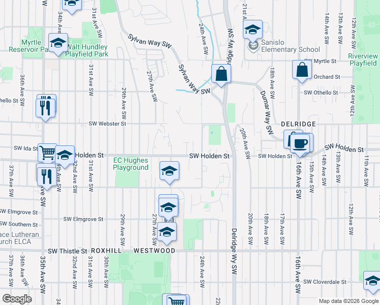 map of restaurants, bars, coffee shops, grocery stores, and more near 2427 Southwest Holden Street in Seattle