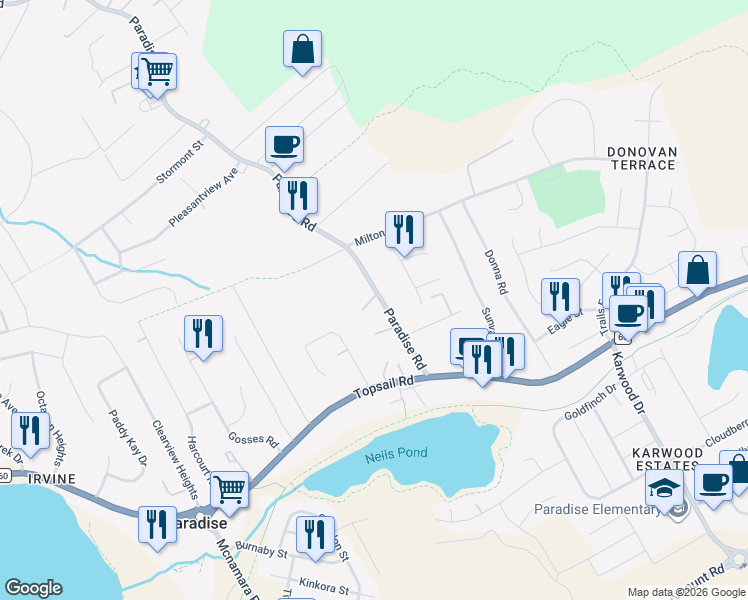 map of restaurants, bars, coffee shops, grocery stores, and more near 39 Paradise Road in Paradise