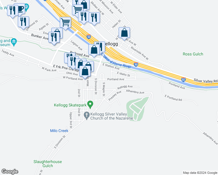 map of restaurants, bars, coffee shops, grocery stores, and more near 122 East Market Avenue in Kellogg