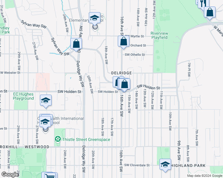 map of restaurants, bars, coffee shops, grocery stores, and more near 1700 Southwest Holden Street in Seattle