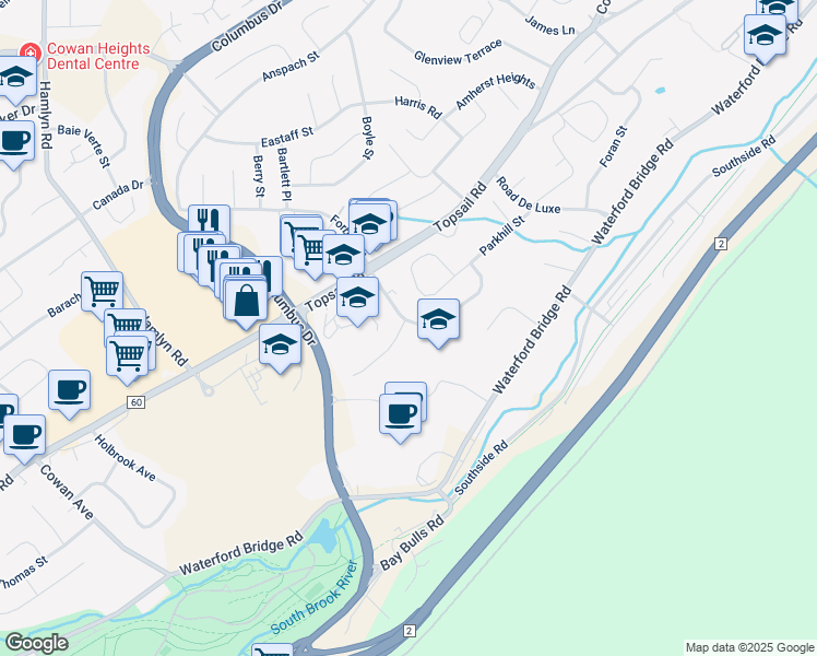 map of restaurants, bars, coffee shops, grocery stores, and more near 45 Hazelwood Crescent in St. John's