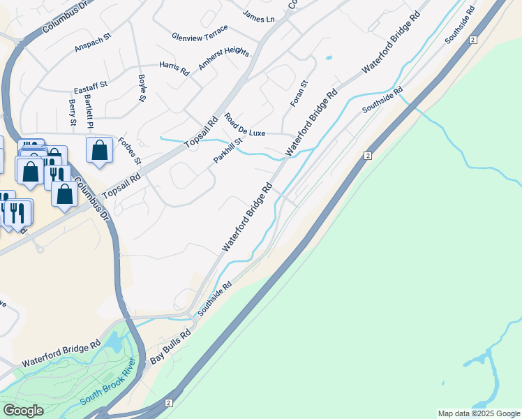 map of restaurants, bars, coffee shops, grocery stores, and more near 197 Waterford Bridge Road in St. John's