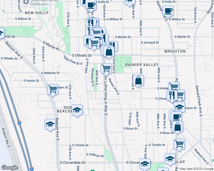 map of restaurants, bars, coffee shops, grocery stores, and more near 7544 Martin Luther King Junior Way South in Seattle