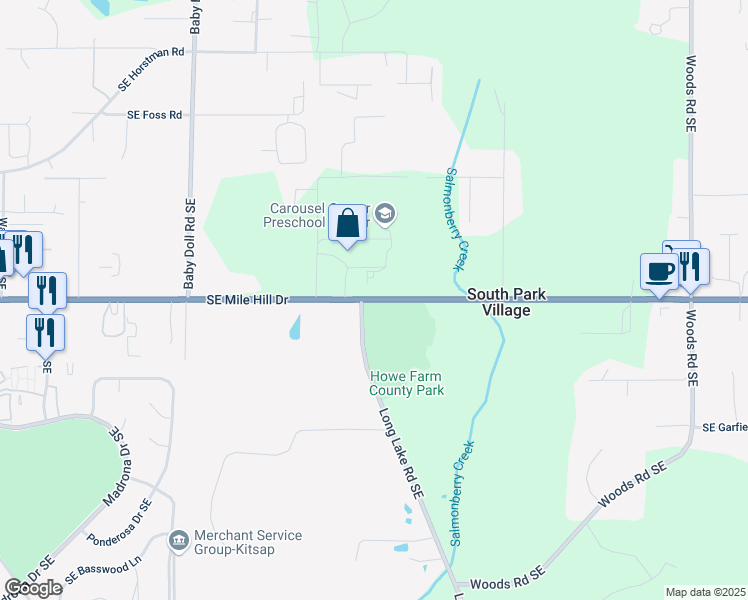 map of restaurants, bars, coffee shops, grocery stores, and more near 1680 Long Lake Road Southeast in Port Orchard