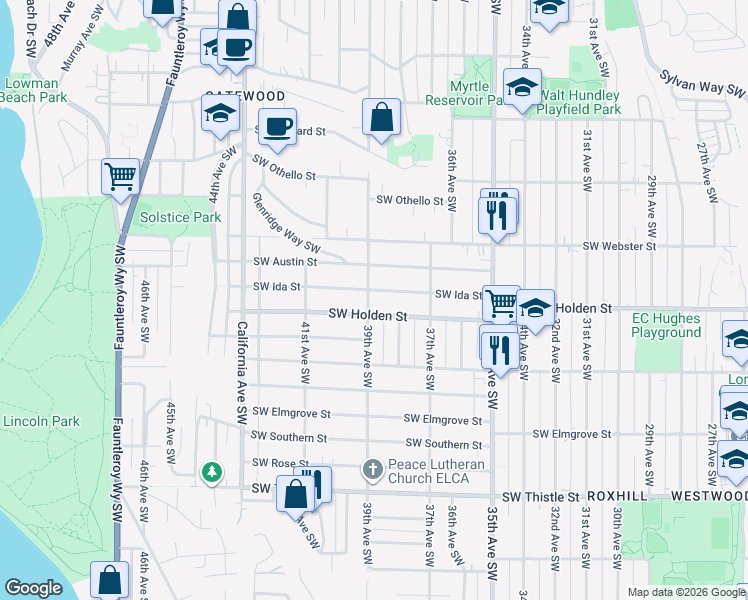 map of restaurants, bars, coffee shops, grocery stores, and more near 3901 Southwest Holden Street in Seattle