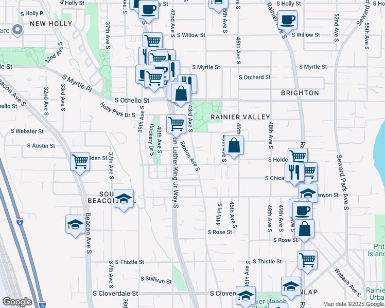 map of restaurants, bars, coffee shops, grocery stores, and more near 7536 Renton Avenue South in Seattle