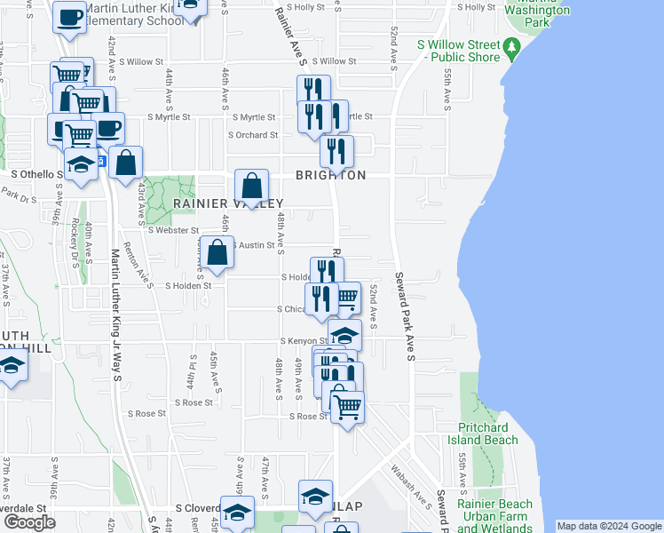 map of restaurants, bars, coffee shops, grocery stores, and more near 7728 Rainier Avenue South in Seattle