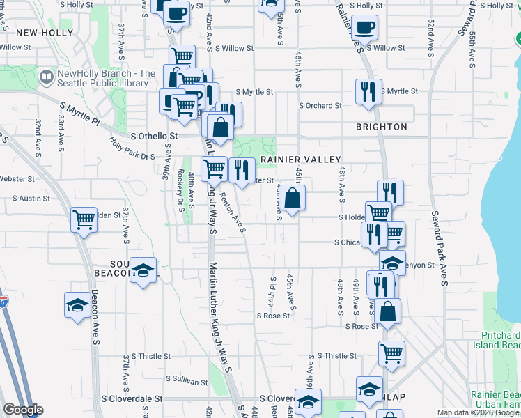 map of restaurants, bars, coffee shops, grocery stores, and more near 4348 South Holden Street in Seattle