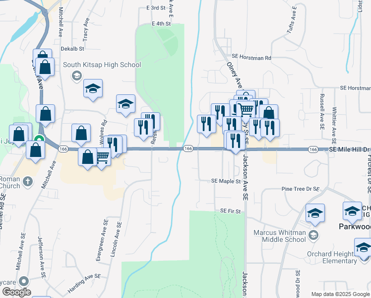 map of restaurants, bars, coffee shops, grocery stores, and more near 1646 Roosevelt Avenue Southeast in Port Orchard