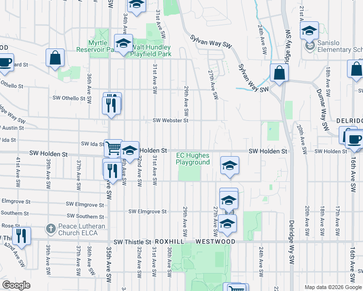map of restaurants, bars, coffee shops, grocery stores, and more near 7556 29th Avenue Southwest in Seattle