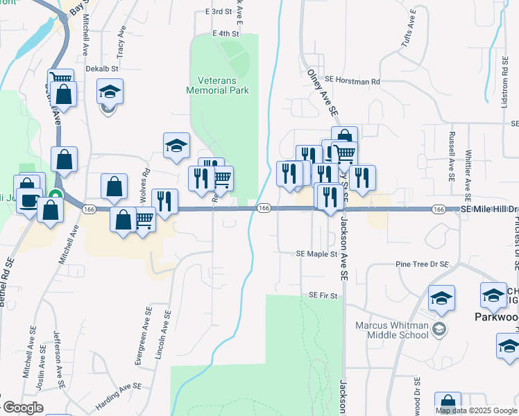 map of restaurants, bars, coffee shops, grocery stores, and more near Southeast Mile Hill Drive in Port Orchard