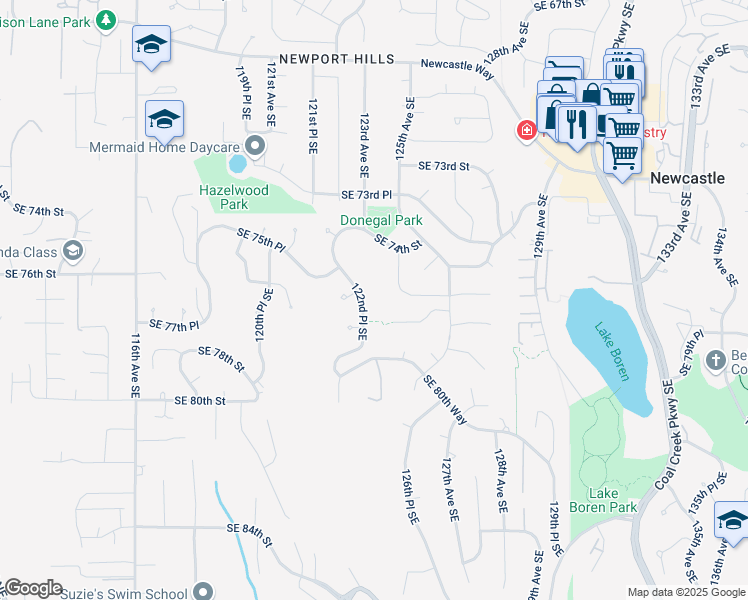 map of restaurants, bars, coffee shops, grocery stores, and more near 12532 Southeast 76th Court in Newcastle